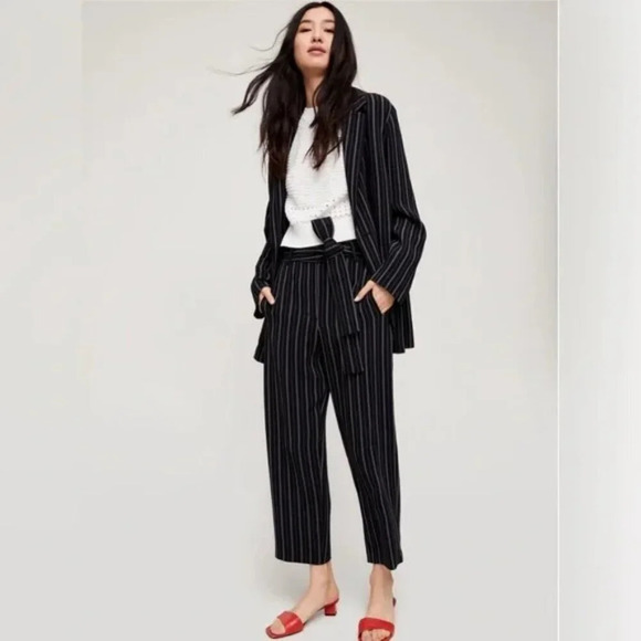 Aritzia Wilfred  Tie-Front Jallade Cropped High Waisted Pant Pinstripe Size 2 - Picture 2 of 8